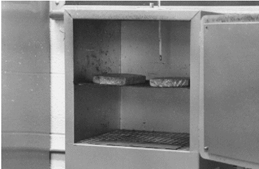 A thermostatically controlled oven, approximately the size of a kitchen microwave oven, is set on a counter. The oven door is shown open with an intermediate level shelve and a vertical glass thermometer extending in from the top.