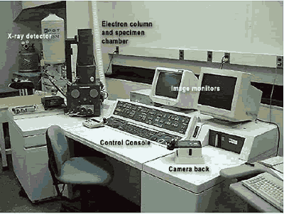 The equipment includes a computer station with two monitors and various controls surrounding the keyboard in the foreground and the electron column, specimen chamber, and X-ray detector in the background.
