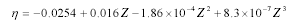 The backscatter coefficient (eta) is equal to negative 0.0254 plus 0.016Z minus 1.86 times 10 to the negative 4 times Z squared plus 8.3 times 10 to the negative 7 times Z cubed.