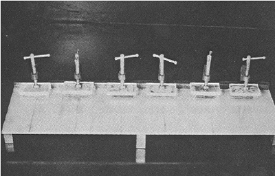 Photo shows six thin section samples, each mounted on a rectangular glass surface that is held in place by a clamp. The six clamps, of uniform shape and size, are positioned in single file. The clamps hold the six individual plastic rectangles firmly on the specimens and hold the specimens firmly on a flat bracing surface. They are activated by the horizontal rotation of a hand lever. Reference is made to Walker and Marshall, 1979.