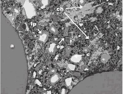 Image at high magnification shows the particulars of residual cement, calcium hydroxide, two forms of calcium-silicate-hydrate, inner-product and outer-product as well as aggregate