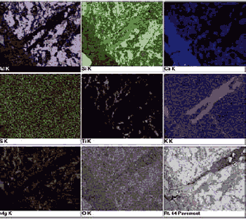 Nine images labeled A L K, S I K, C A K, S K, T I K, K K, M G K, O K, and R T 64 Pavement, show a variety of patterns and colors. All nine images are of the section of concrete (Route 64 pavement) with each showing by color intensity the relative amounts of the following elements, with each element having its own color: aluminum, silicon, calcium, sulfur, titanium, potassium, magnesium, oxygen.