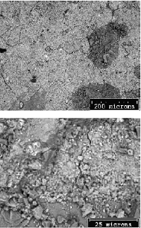 Two photos show the sawed surface is rough with residual particulate matter, yielding poor contrast and shadowing that make interpretation of B E and E D X images difficult. The top picture is at a lower magnification image than the bottom picture.