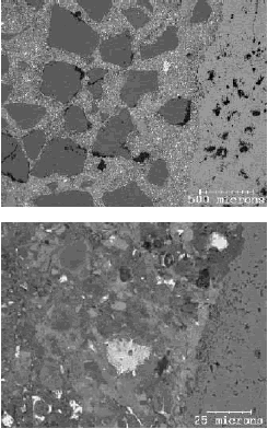 The same concrete in figure 192 now shows polished surfaces that present optimum B E and E D X imaging characteristics. The top picture is at a lower magnification image than the bottom picture.