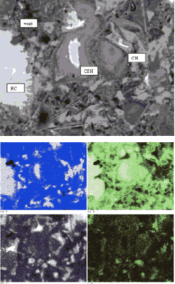 In the top image, the residual cement (R C) appears brightest, followed by C H, C S H, and other hydration products. The E D X images (bottom four images in the figure) show regions of intermediate-intensity calcium (blue), intermediate-intensity aluminum (purple) and high-intensity sulfur (yellow) defining locations of monosulfate that could not be distinguished on a rough surface. The field width is 73 microns.