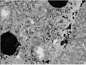 This photo is the same as figure 196 but more highly magnified, Again, uniformity and shape are useful in distinguishing carbonate aggregate from a mortar matrix that contains phases of similar gray-level intensity.