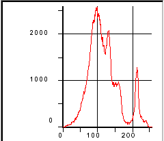 The graph shows the spectrum of number of pixels up the left-hand vertical axis in relation to the gray level in the image, along the lower horizontal axis where the range is from zero (for black) to a maximum of 255 (for white), for a hardened cement paste. 