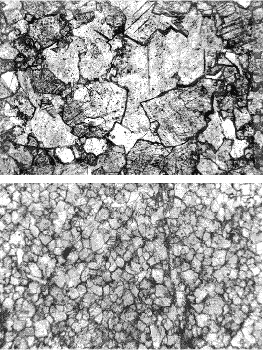 Two magnified images show the difference between individual crystalline textures and the partially crystalline reactive textures shown in figure 218. They are close together with little or no fine material or spacing between them.