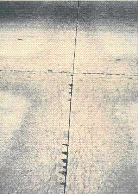 Photo shows the surface of a concrete slab that has two joints (gap or spacing) crossing each other perpendicularly. D-cracking is present. This cracking is parallel with each joint and wraps around at their juncture.