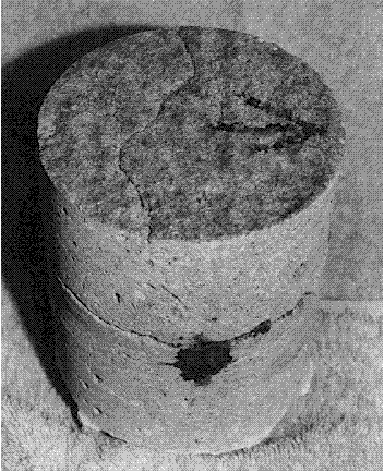 The photo shows a view of the top and side of a cylindrical core concrete revealing a rusted transverse reinforcing bar at about middepth in the core, a crack extending vertically over the bar to the top surface, and another horizontal crack at the top of the reinforcing bar creating a delamination plane parallel to the top surface.