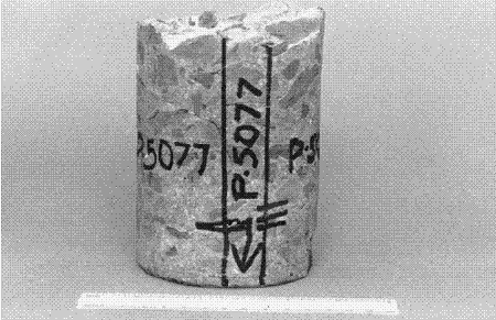 A core of hardened concrete is shown resting up side down and marked with identification numbers. The original bottom of the core has an irregular surface resulting from a continuity failure. Two parallel lines spaced apart 12.7 millimeters are drawn vertically along the side from the smooth bottom to the irregular top. The identification numbers are shown also between the parallel lines. Near the original top of the core, three essentially parallel short lines "match marks" are drawn crossing one of the vertical lines. Also near the original top and near the match marks, an arrow is drawn pointing to the original top surface of the concrete.
