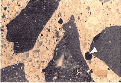 The concrete surface shown has many very fine air voids spaced throughout. It also has a few larger voids, including a 2 millimeter void (larger than an entrained air void), which is shown marked by a white arrow. The void is in the mortar phase, between two coarse aggregate pieces. The void content of this concrete is in the middle of the specification range