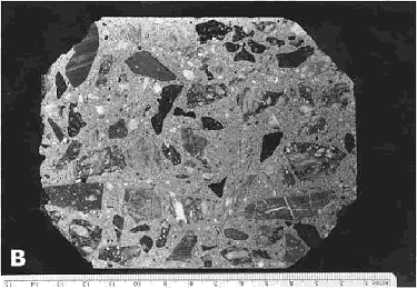 In contrast to figure 61, this photo shows angular crushed granite coarse aggregate and sand fine aggregate. In both cases, by visual inspection of the naked eye, the paste occupies about one-quarter of the total surface area.