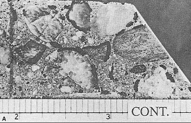 This lapped surface is closely related to the one shown in figure 84 on the same page. Each one is approximately 25 by 50 millimeters. Both have been marked with ink to establish boundaries on portions of interest. The cracks have been marked as well. This section shows fewer cracks than figure 84 with an experimental admixture.