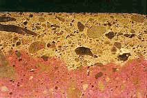 The photo is a magnified view of a specimen treated with phenolphthalein. The lower half has stained pink due to its contents. The upper half contains carbonated paste and did not stain. The specimen is a vertical cross section through concrete with the exposed top surface at the top of the photo.