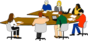 Track 11 Illustration - This illustration accompanies the text description of track 11 and depicts several contractors at a project bidding conference. Seven people are seated around a table; two of them are using computers, and the rest have papers in front of them.