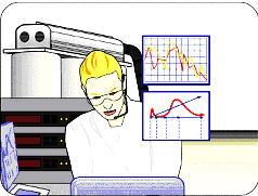 Track 12 Illustration. This illustration accompanies the text description of track 12. It depicts a lab technician viewing computer graphics resulting from advanced testing of mix materials. The two graphs the technician is viewing are inset in the illustration.