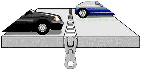 Track 6 Illustration. -This illustration accompanies the text description of track 6 and depicts a new joint in a slab of concrete, with two cars approaching from either side of the joint. The joint is drawn to look like a zipper, to indicate that in the future joints will be replaced as quickly and conveniently as zipping a zipper.