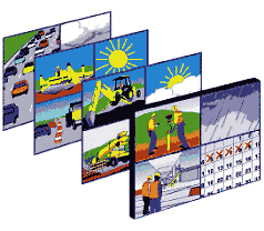 Track 8 Illustration - This illustration accompanies the text description of track 8. A series of large, futuristic screens showing calendars, rain and sunny weather, surveyors,excavation equipment, paving equipment, and traffic on the finished roadway depict various stages in the life of a concrete pavement system.