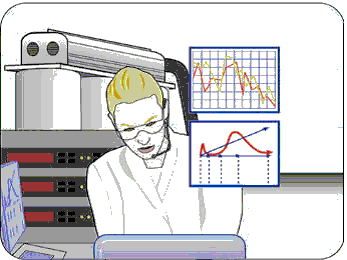 Figure 13. Illustration. Innovative concrete materials. Fostering innovation in the development of new materials for constructing concrete pavements is another research focus area, as depicted in this illustration of a lab technician viewing computer graphics resulting from advanced testing. The goal is to examine existing materials that may have been used on a smaller scale or in laboratory evaluations to identify those showing promise for broader applicability and success in the field.