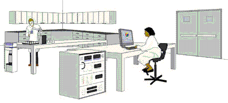 Figure 2. Illustration. Advanced labs for advanced mixture designs. In this illustration of the lab of the future, researchers are using advanced computers, software, and other technology to develop innovative mix designs.