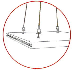 Figure 8. Illustration. Modular construction: One of many potential high-speed rehabilitation techniques. This figure shows a closeup illustration of modular construction. A slab of concrete is inset with locking joints and is suspended by three wires that are attached to the top of the slab.