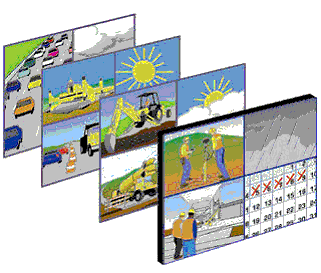 Figure 9. Illustration. Pavements that perform well for 60 years or more. Depicting pages in a calendar, this illustration shows various stages in the life of a concrete pavement system, including scenes showing rainy and sunny weather, surveyors, excavation equipment, paving equipment, and traffic on the finished roadway. Researchers aim to design concrete pavements that perform well year after year, achieving a lifespan of 60 years or more.