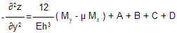 he negative second derivative of Z over Y [Y squared?] is equal to M subscript Y minus Mu multiplied by M subscript X; the remainder is then multiplied by the quotient of 12 divided by E multiplied by H to the third power. This value is then added to A, B, C, and D.