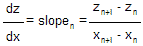 First derivative of Z over X is equal to slope subscript N, which is equal to the quotient of Z subscript N plus 1 minus Z subscript N divided by X subscript N plus 1 minus X subscript N.