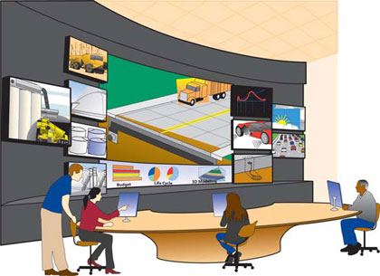 Figure 1. Illustration. Performance-based concrete pavement mix design system. In this illustration of the lab of the future, researchers are using advanced computers, software, and other technology to develop innovative mix designs. 