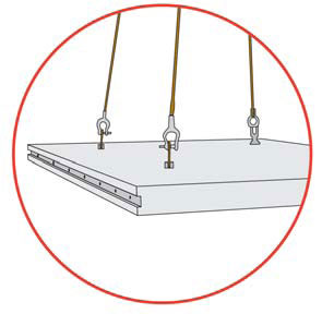 Figure 7. Illustration. High-speed concrete pavement rehabilitation and construction. This figure shows a closeup illustration of modular construction. A slab of concrete is inset with locking joints and is suspended by three wires that are attached to the top of the slab. 