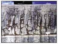 Figure 7. Photo. Concrete Structure Showing Discoloration, or "Gel Staining," around Cracks. This photo shows a concrete element with extensive horizontal and vertical cracking and discoloration around the cracks.