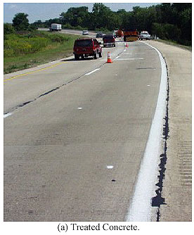 Figure 36.  Photos. Sections of State Route 1 near Bear, DE.  Photo A shows a section of treated concrete, which has no damage.