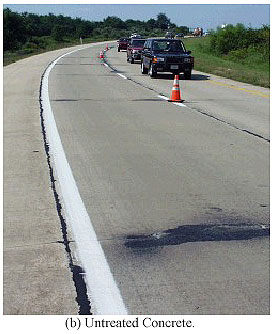 Figure 36.  Photos. Sections of State Route 1 near Bear, DE. Photo B shows untreated concrete. Several cracks spaced several meters apart, run laterally across one lane, and the pavement around the cracks is deteriorated.