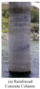 Figure 7.  Photos. ASR-Induced Damage in Restrained Concrete Elements, Including A) Reinforced Concrete Column and B) Prestressed Concrete Girder. Photo A shows a concrete column with several vertical cracks, with smaller cracks branching off diagonally.