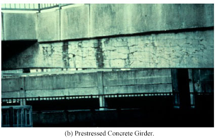 Figure 7.  Photos. ASR-Induced Damage in Restrained Concrete Elements, Including A) Reinforced Concrete Column and B) Prestressed Concrete Girder. Photo B shows several horizontal cracks along the length of the girder, with smaller cracks branching off vertically.