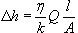 The pressure gradient, delta h, equals the fluid viscosity, eta, divided by the permeability, k, of the cement paste times the flow rate, Q, times the length of the flow path, l, divided by the flow area, A.