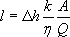 The spacing factor, l, equals the pressure gradient, delta h, times the permeability, k, of the cement paste times the flow area, A, divided by fluid viscosity, eta, and by the flow rate, Q.