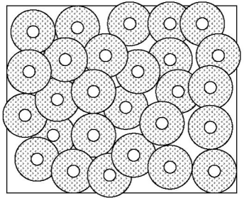 The figure shows, in two dimensions, twenty-seven concentric circles: the inside circles illustrate the air voids, and the outside circles illustrate the maximum limit of the protection zone. The protection zone is hatched. The figure indicates that smaller bubbles have higher specific surface and larger number of bubbles for a given volume of air and offer more protection against freeze-thaw damage. 