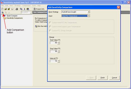 This screenshot depicts the  HIPERPAV® III interface of sensitivity comparison mode. On the top  left of the screen, there is a red arrow pointing toward the location of the  "Add Comparison button" to help users find it. On the right side, there is a  pop–up window overlapping the first one showing the HIPERPAV® III  interface. In this pop–up window, there are several items displayed as follows  (from top to bottom): "Base Strategy," "Input," and "Range." The range item  includes text boxes for the start, stop, and interval values, all shown in  degrees Fahrenheit.