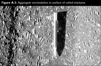 Figure A-3. Aggregate reorientation in surface of rutted mixtures.