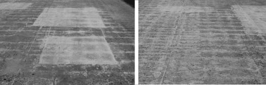 These two pictures show an actual bridge deck surface following ECE.  The white substance on the surface of the concrete creates perpendicular lines on the surface of the concrete.  These white lines are above the reinforcing steel that is embedded in the concrete.  These lines even stripe the recently placed concrete repair patches