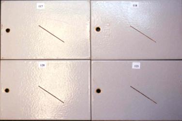 Figure 7. c Panel pictures. [Coating conditions of system 1 after exposures. A. 3,000-hour test A  B. 3,000-hour test B  C. 2-year outdoor exposure]  This figure shows the coating conditions of system 1 (zinc-rich epoxy system) after three tests. No surface failure was observed in all cases. The system developed a small amount of creepage at scribe after test A and test B but none after the outdoor exposure.