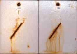 Figure 15.B Panel pictures. [Coating conditions of system 5 after exposures. A. 3,000-hour test A  B. 3,000-hour test B  C. 2-year outdoor exposure]  This figure shows the coating conditions of system 5 (acrylic system) after three tests. No surface failure was observed in all cases, but the system developed some creepage at the scribe after all the three tests.