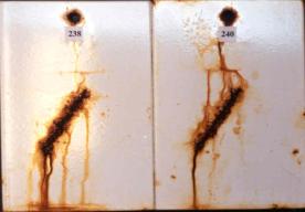 Figure 16.B Panel pictures. [Coating conditions of system 8 after exposures. A. 3,000-hour test A  B. 3,000-hour test B  C. 2-year outdoor exposure]  This figure shows the coating conditions of system 8 (epoxy system) after three tests. No surface failure was observed in all cases, but the system developed some creepage at the scribe after all the three tests.