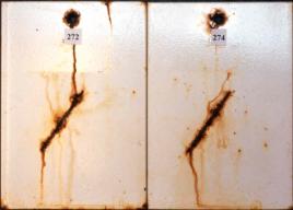 Figure 17.B Panel pictures. [Coating conditions of system 10 after exposures. A. 3,000-hour	 test A  B. 3,000-hour test B  C. 2-year outdoor exposure]  This figure shows the coating conditions of system 10 (epoxy system) after three tests. No surface failure was observed in all cases, but the system developed some creepage at the scribe after all the three tests.