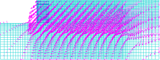 Figure 4.16. Grids. Displacement Vectors for Case 10 (S equals 0.2 meters, lowercase L equals 1.5 meters):  (A) Failure State (lowercase H equals 4.4 meters, ratio of lowercase L to lowercase H equals 0.34); (B) Critical State (lowercase H equals 3.2 meters, ratio of lowercase L to lowercase H equals 0.47). The figure shows the numerical grid and the displacement vectors at failure and critical state. The definition of the failure and critical state is given in the text