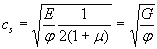 Equation 3. For shear waves, C subscript S equals the square root of the product of E divided by phi, times the quotient of 1 divided by the product of 1 plus mu times 2.  This then equals the square root of the shear modulus, G, divided by phi.