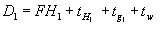 Equation 13. The distance to a potential shear plane, D subscript 1, equals the distance from the face of pin to the face of hanger, FH subscript 1, plus the measured thickness of hanger, lowercase T subscript H1, plus the measured gap width between the suspended span web and hanger plate, lowercase T subscript lowercase G1, plus the measured thickness of the web, lowercase T subscript W.