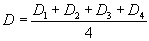 Equation 17. D equals the sum of D subscript 1 plus D subscript 2 plus D subscript 3 plus D subscript 4, all divided by 4. 